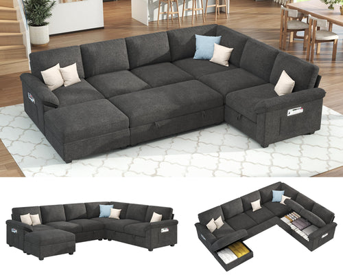 Papajet 105" Sofa Bed, Sectional Sleeper Sofa with Pull Out Bed/Reclining Backrest, 6 Seater Sleeper Couch Bed with Storage, Chenille Dark Gray