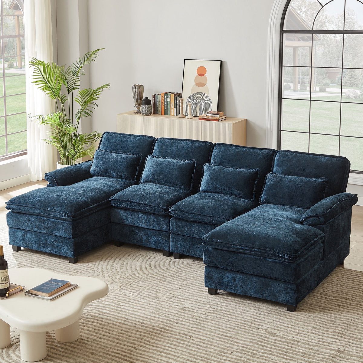  Oversized Sectional Sofa U Shaped Couch 4 Seat with 4 Waist Pillows,Chenille Upholstery Symmetrical Sleeper Sofa Cloud Couch with Double Chaise Lounge for Living Room Apartment Office