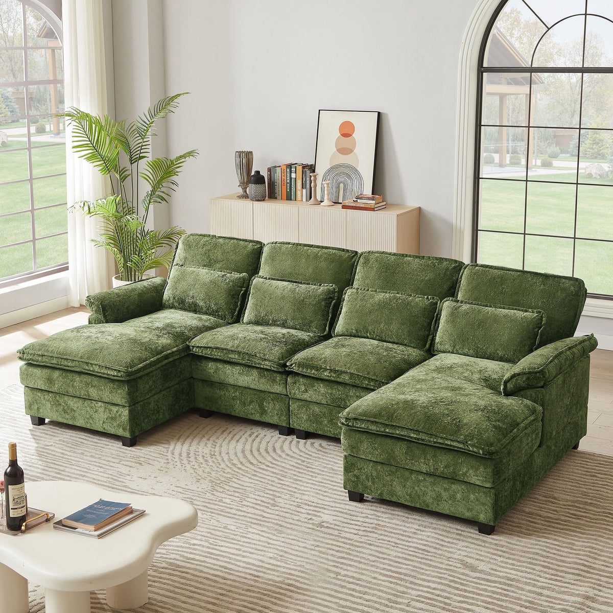 SOLIA 4-Seat U-Shaped Sleeper Sectional Sofa Bed Chenille with Double Chaise