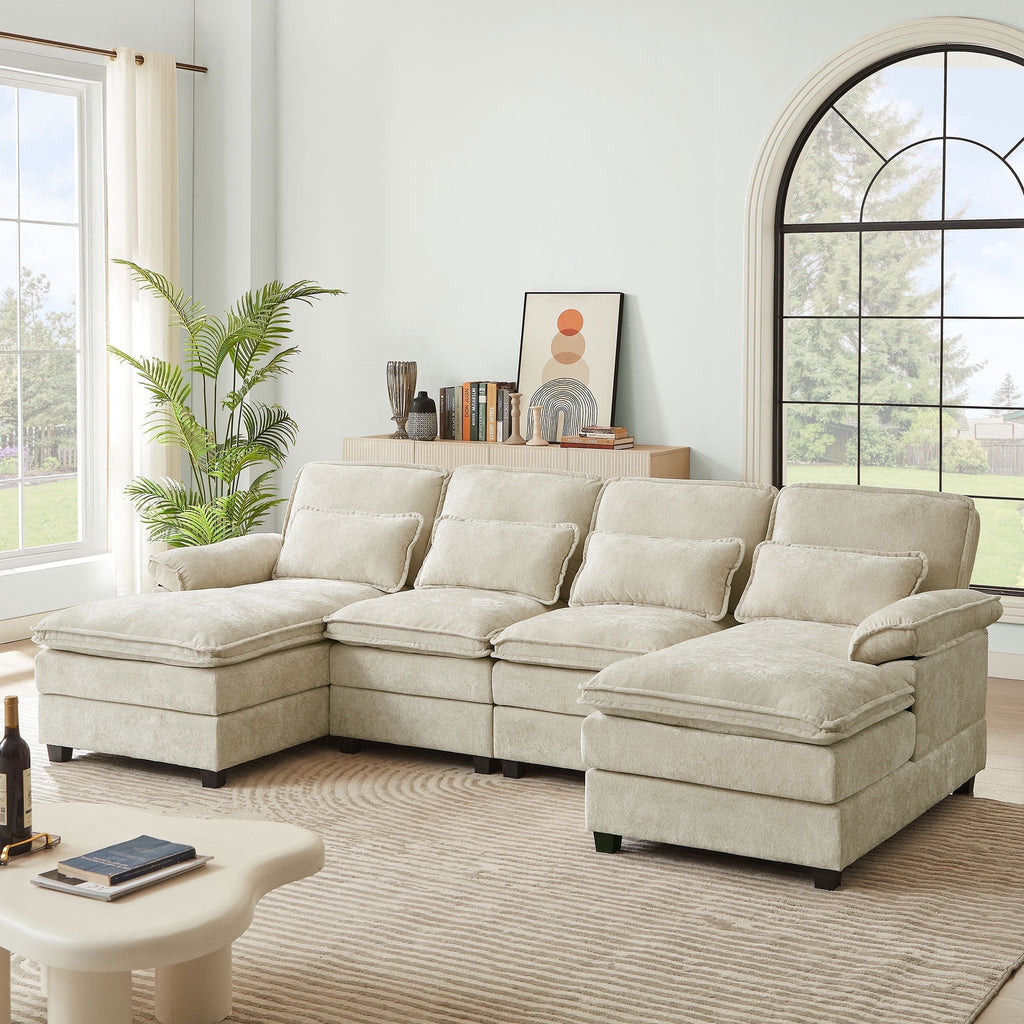 SOLIA 4-Seat U-Shaped Sleeper Sectional Sofa Bed Chenille with Double Chaise