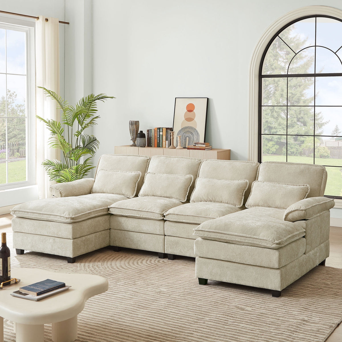 SOLIA 4-Seat U-Shaped Sleeper Sectional Sofa Bed Chenille with Double Chaise