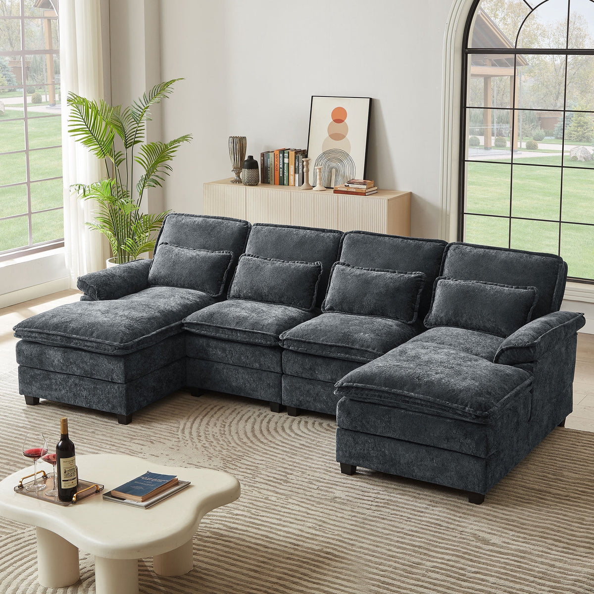 SOLIA 4-Seat U-Shaped Sleeper Sectional Sofa Bed Chenille with Double Chaise