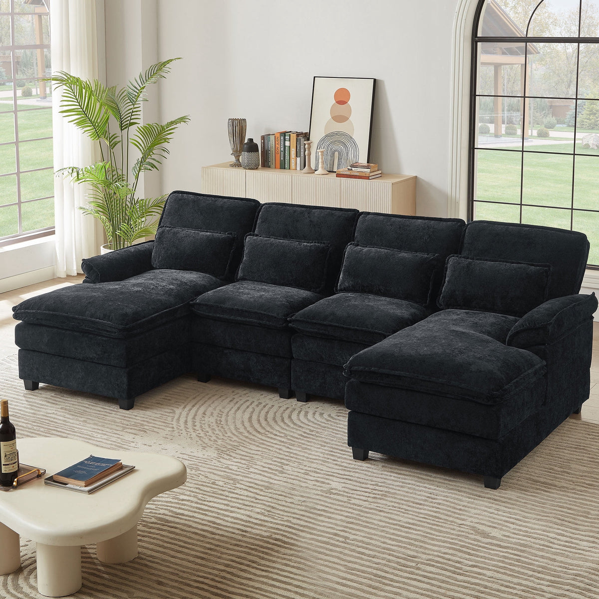 SOLIA 4-Seat U-Shaped Sleeper Sectional Sofa Bed Chenille with Double Chaise