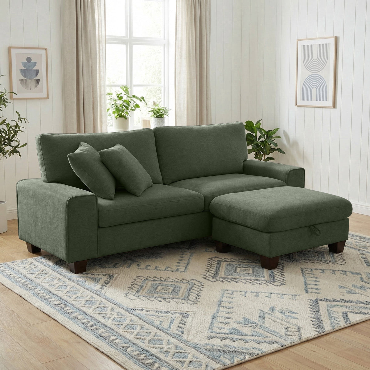 Poshby 88.58''W Sectional Sofa 3 Seater Couch with Chenille, Modern Square Arm for Living Room, Light Green