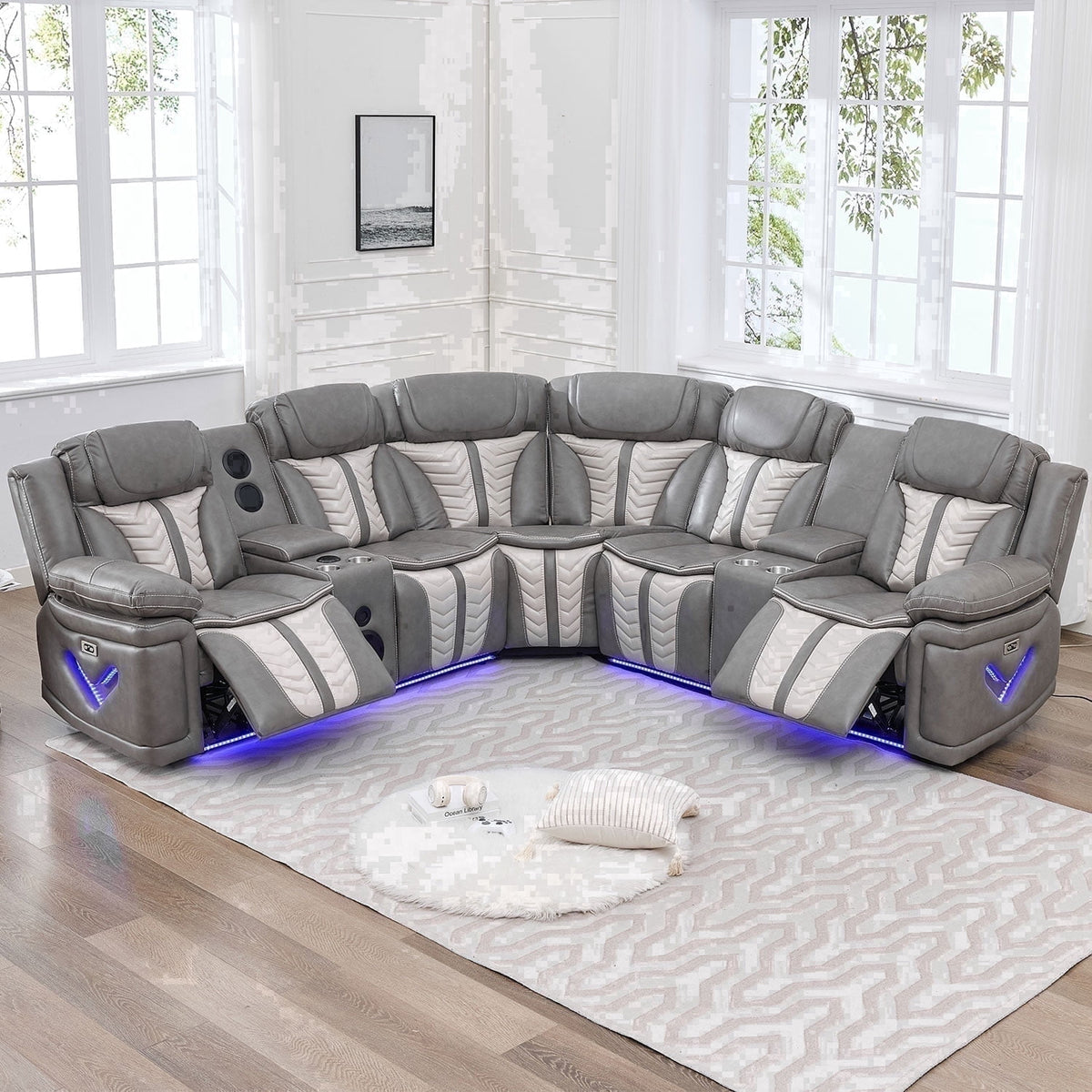Power Reclining L-Shaped Sectional Sofa with LED Lights, Speakers, Cup Holders, Grey Faux Leather
