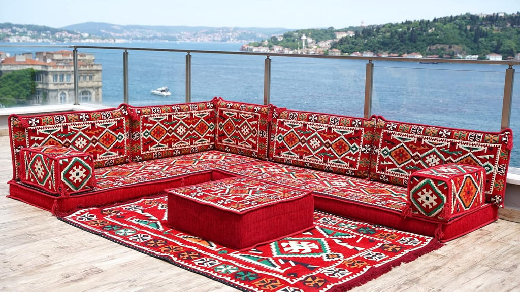 Red Arabic Floor Seating, L Shaped Sofa Bed, Diwan Sofa, Turkish Red Sofa, Floor Cushion Seating, Modular Sofa, Sleeper Couch