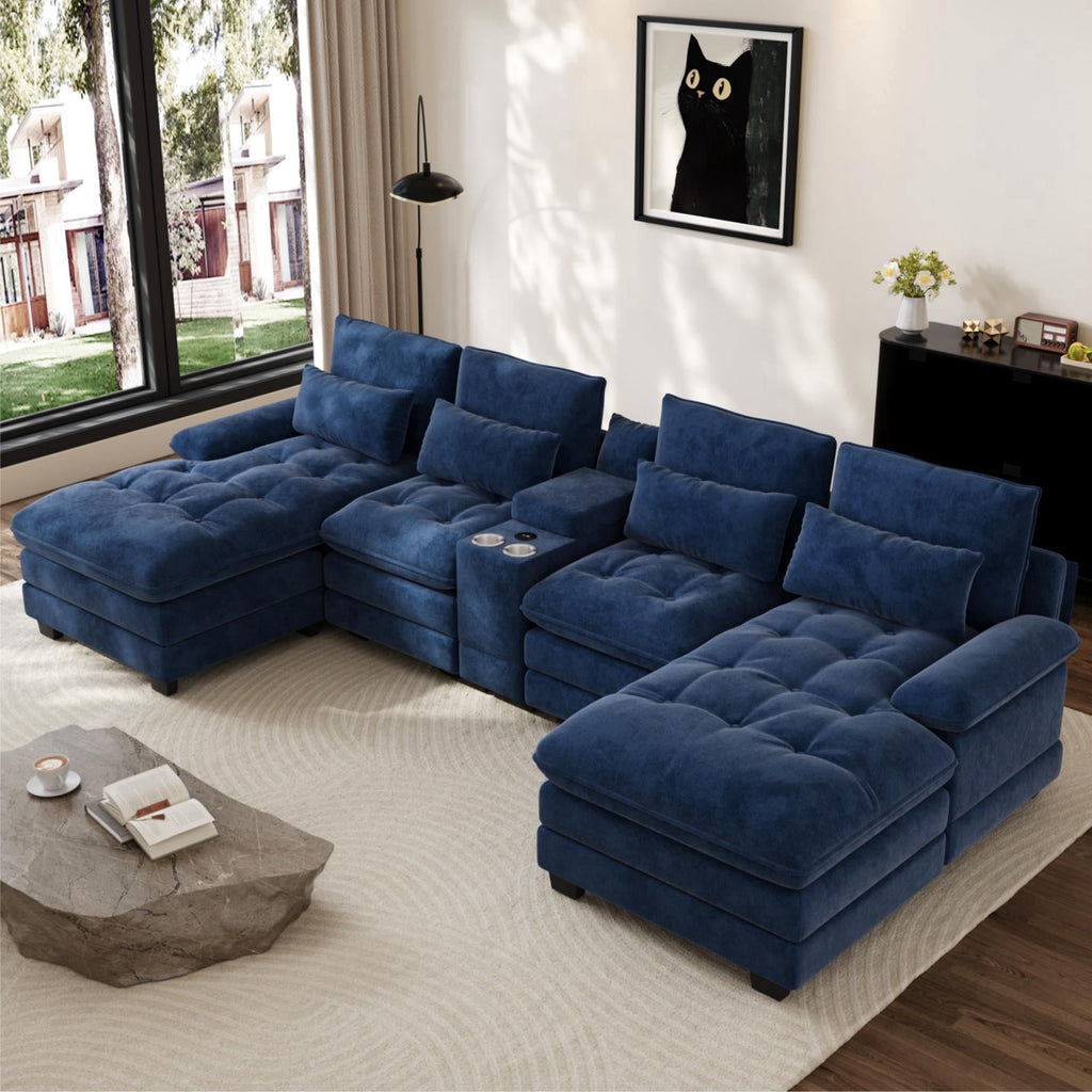 Rophefx 134" Oversized U Shaped Modular Sectional Sofa, 6 Seater Chenille Cloud Couch with Storage Console, Cup Holders and USB Ports for Living Room,Blue