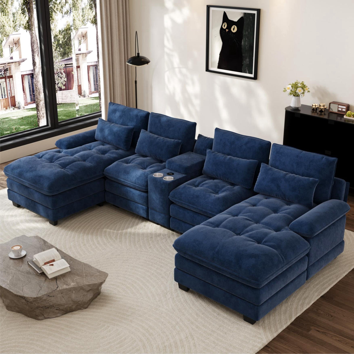Rophefx 134" Oversized U Shaped Modular Sectional Sofa, 6 Seater Chenille Cloud Couch with Storage Console, Cup Holders and USB Ports for Living Room,Blue