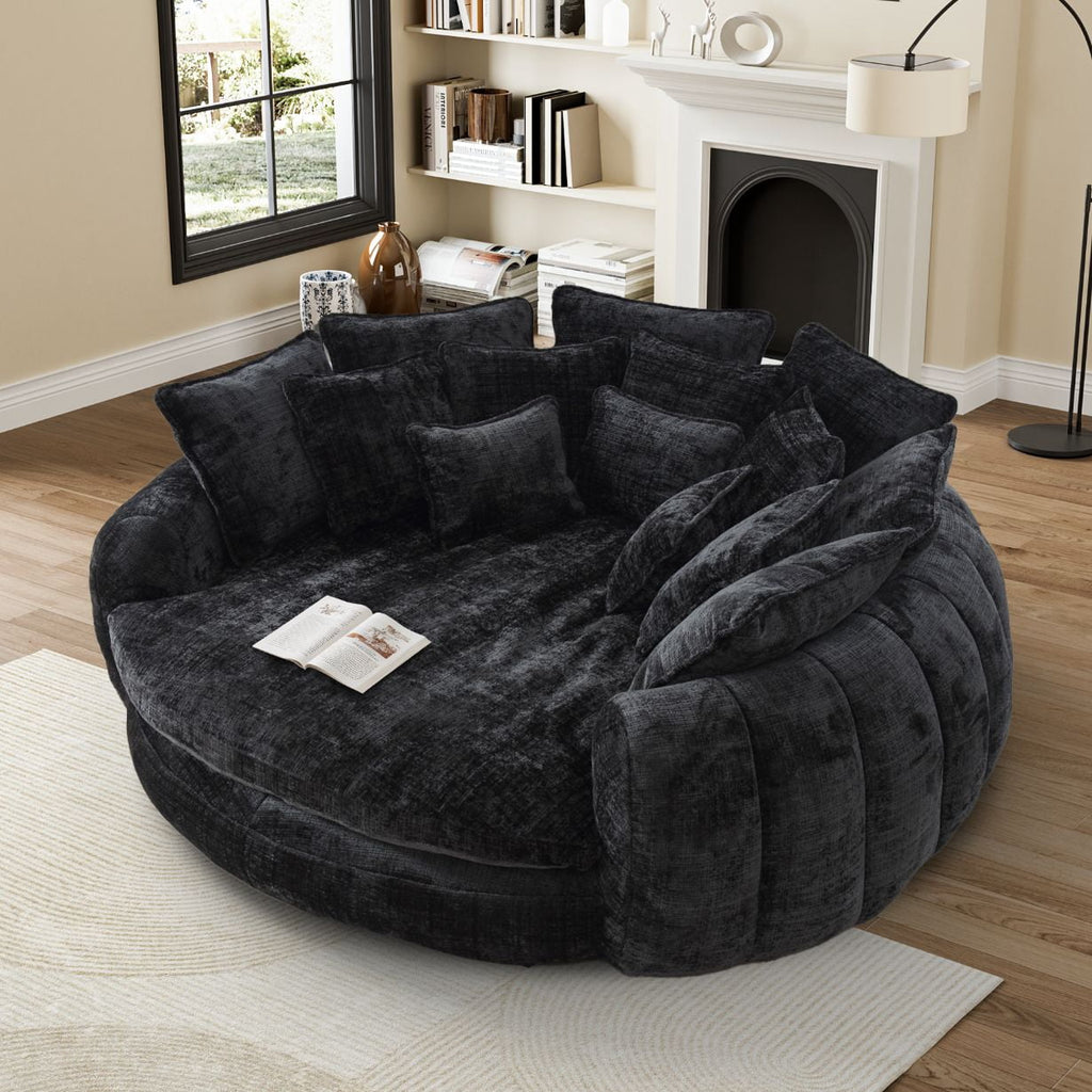 Rophefx 81.1" Oversized Round Chaise Lounge Sofa Bed,Fluffy Plush Cloud Couch with Deep Seat and 14 Pillows,Modern Comfy Couch for Living Room Apartment,Black
