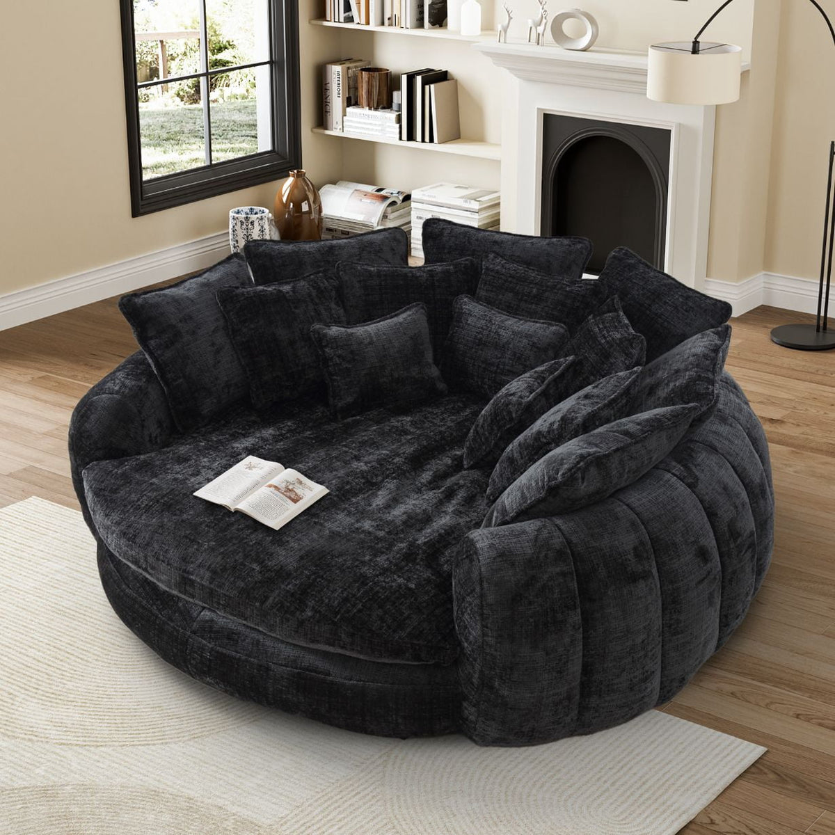 Rophefx 81.1" Oversized Round Chaise Lounge Sofa Bed,Fluffy Plush Cloud Couch with Deep Seat and 14 Pillows,Modern Comfy Couch for Living Room Apartment,Black
