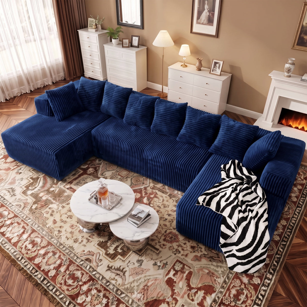 SOLIA 130" 4-Seat U-Shaped Cloud Modular Sectional Couch Corduroy with Chaise Lounge