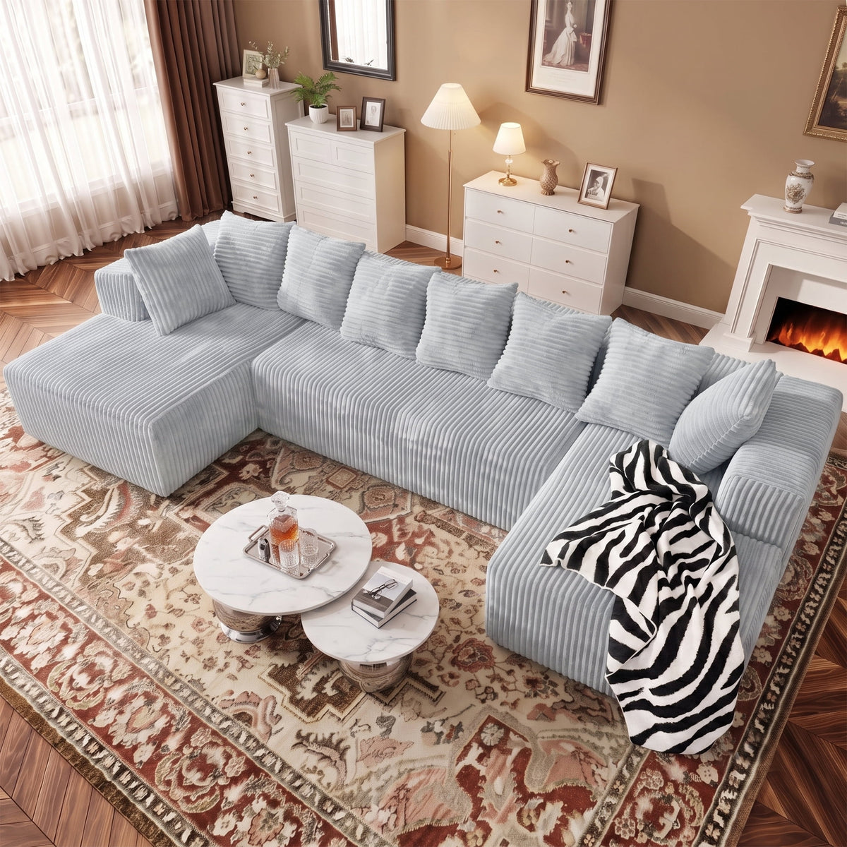 SOLIA 130" 4-Seat U-Shaped Cloud Modular Sectional Couch Corduroy with Chaise Lounge