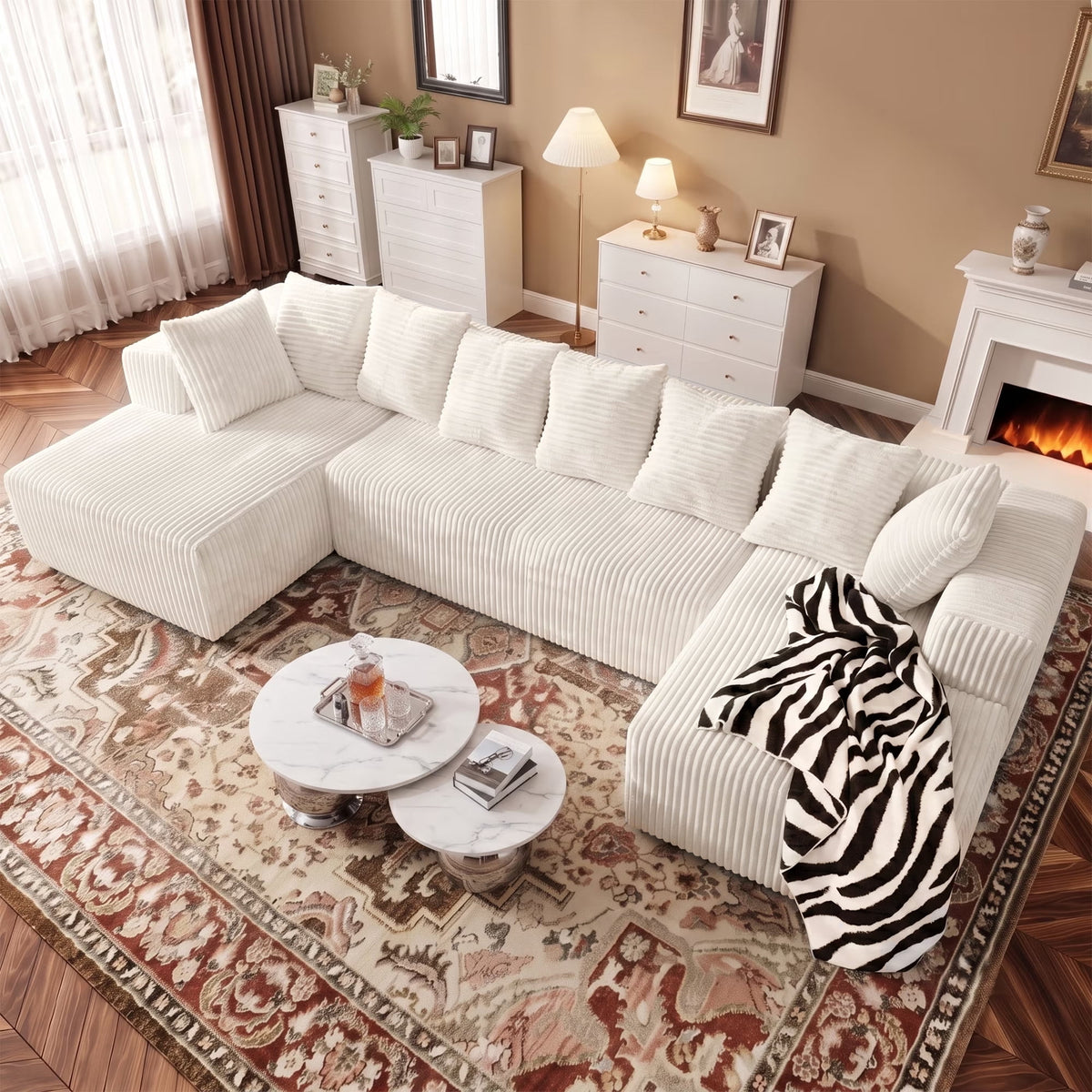  130" Boneless Couch, Modern Couches for Living Room, U-Shaped 4-Seat Modular Sofa with Chaise, Oversized, No Assembly, White