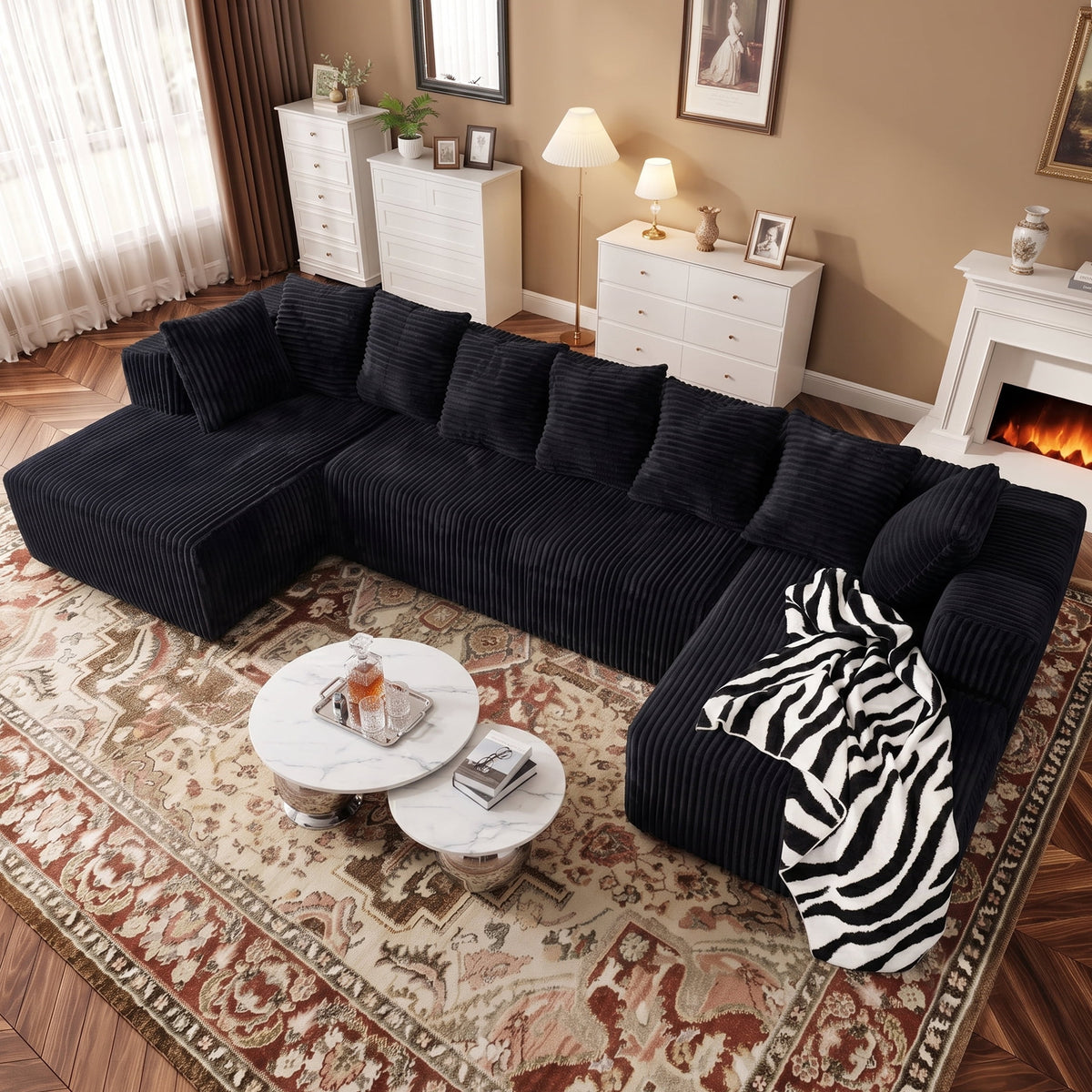 SOLIA 130" 4-Seat U-Shaped Cloud Modular Sectional Couch Corduroy with Chaise Lounge