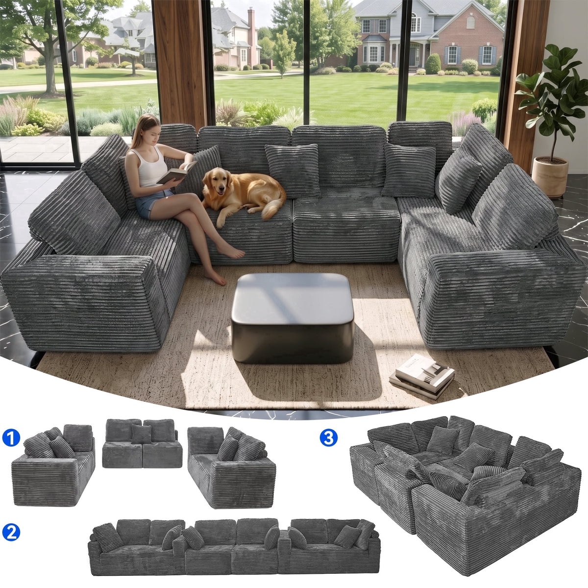 SOLIA 135.5" 6-Seat U-Shaped Cloud Modular Sectional Couch Corduroy with Chaise Lounge