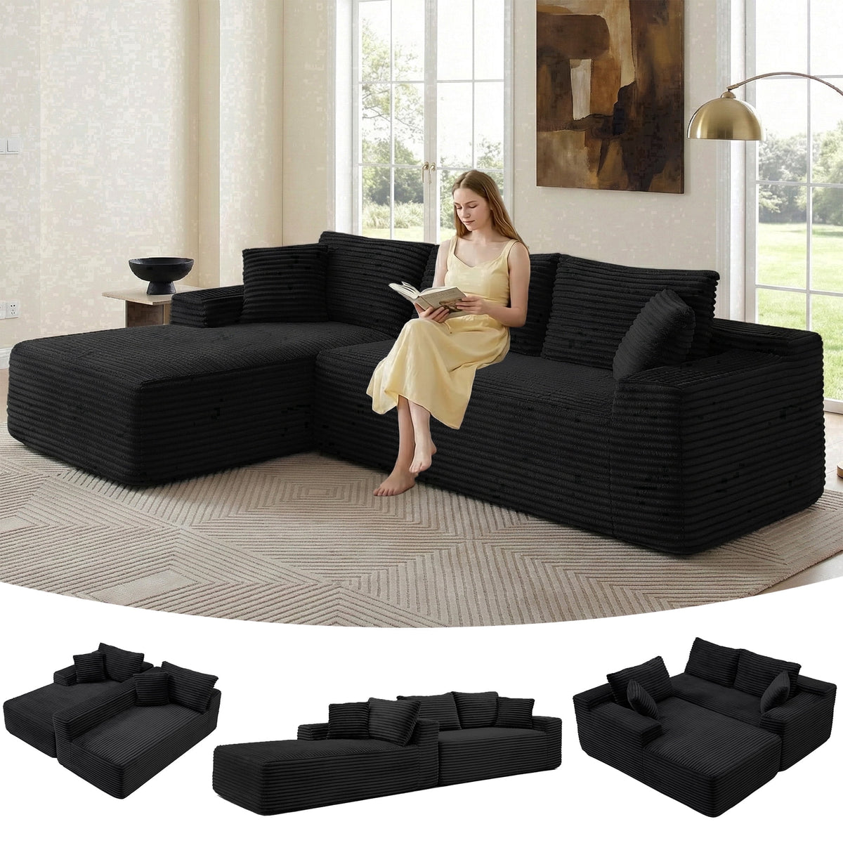 SOLIA 138.5" U-Shaped Cloud Modular Sectional Couch Corduroy with Chaise Lounge