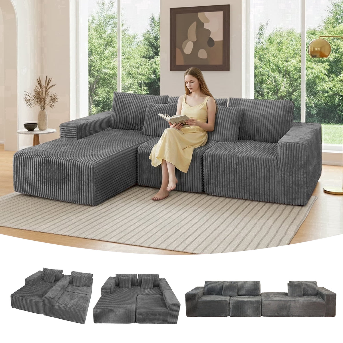 SOLIA 138.5" U-Shaped Cloud Modular Sectional Couch Corduroy with Chaise Lounge