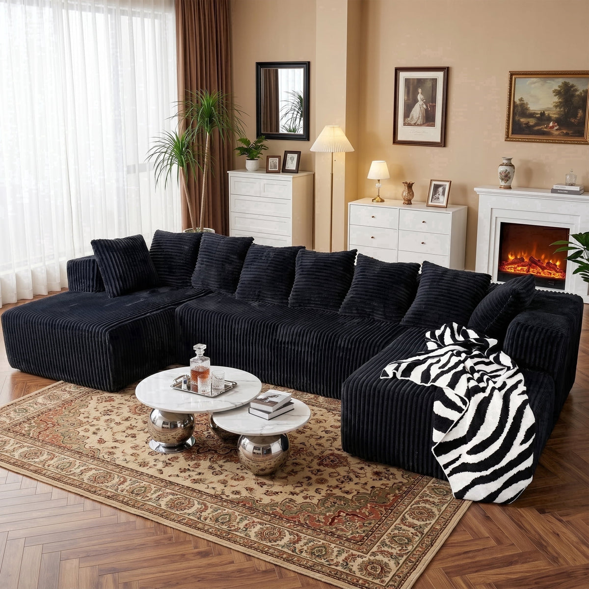  130" Black Sectional Modular Couch, U-Shaped Sofa with Chaise Lounge, Striped Corduroy Upholstered 4-Seater Sofa with Pillow Back and Square Arms