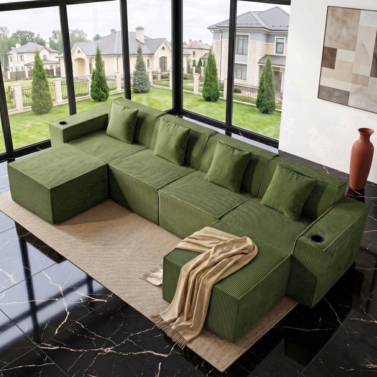 SOLIA 130" 4-Seat U-Shaped Modular Sectional Sofa Couch Corduroy with Chaise Lounge
