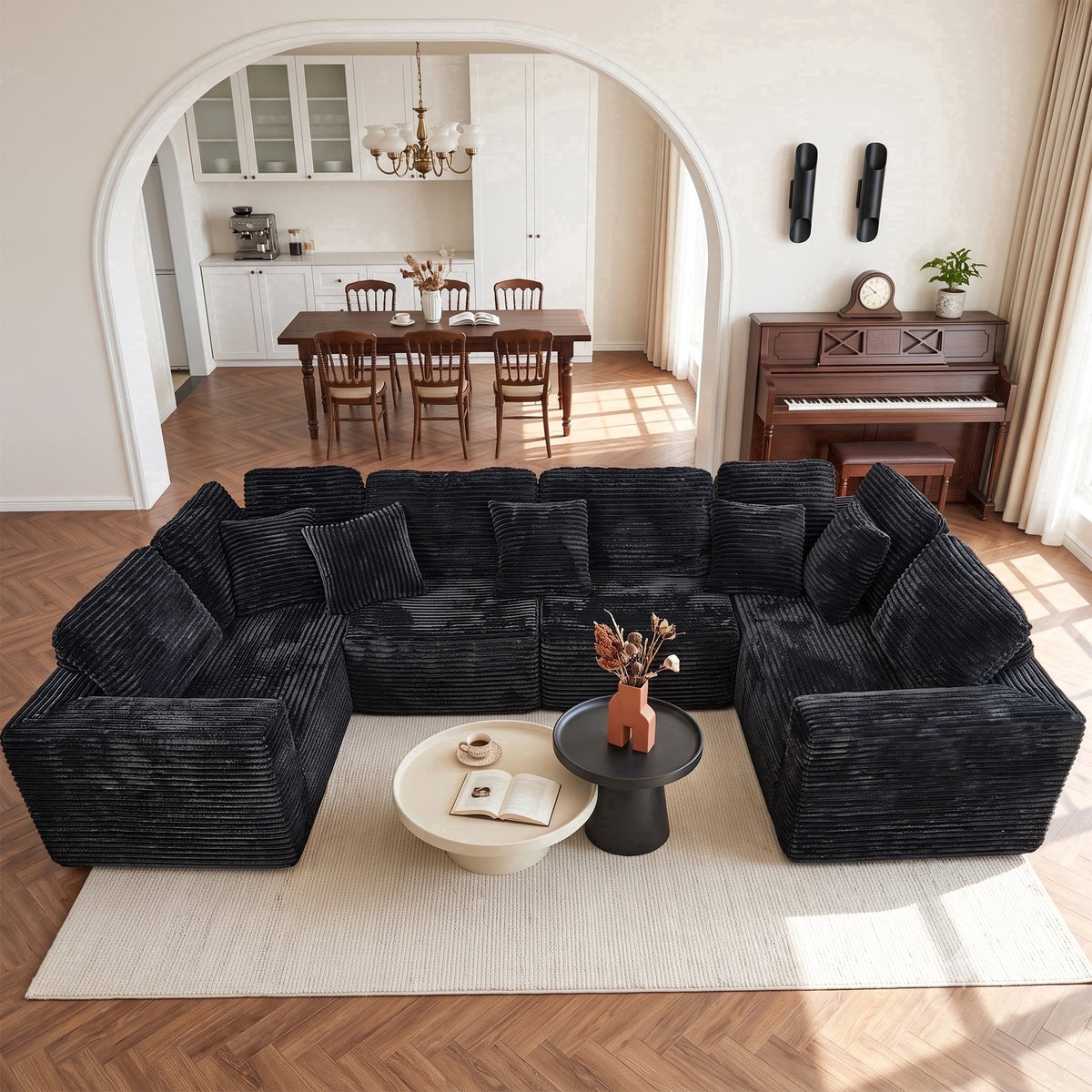  138.5" Sectional U Shaped Couch,Black Sectional Cloud Boneless Sofa For Living Room,Plush Corduroy Couches With Deep Seat Chaise Lounge,No Assembly Required