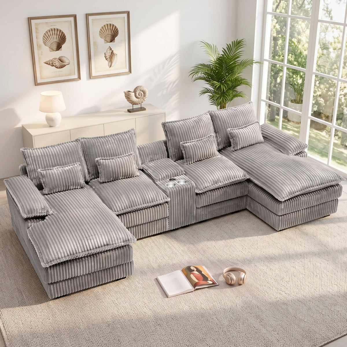 SOLIA 97" 3-Seat L-Shaped Cloud Modular Sectional Couch Linen with Movable Ottoman