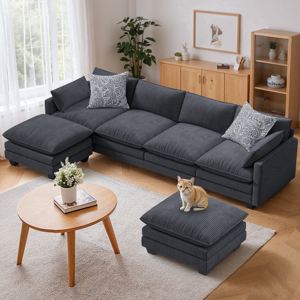  145.7" U Shaped Modular Sectional Sofa with Movable Ottomans, Corduroy Cloud Sofa Couch with 25.2" Deep Seat, Removable Washable Covers, 4-5 Seater Comfy Modular Sofa for Living Room Apartment