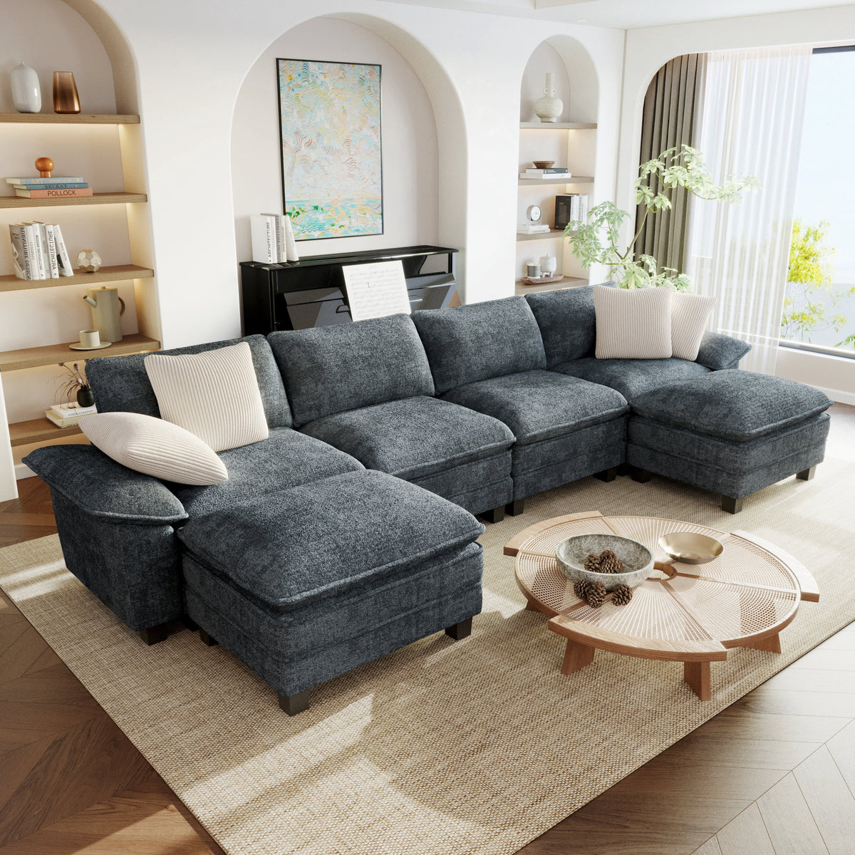 SOLIA 157.5" 6-Seat Cloud Modular Sectional Couch Chenille with Movable Ottoman