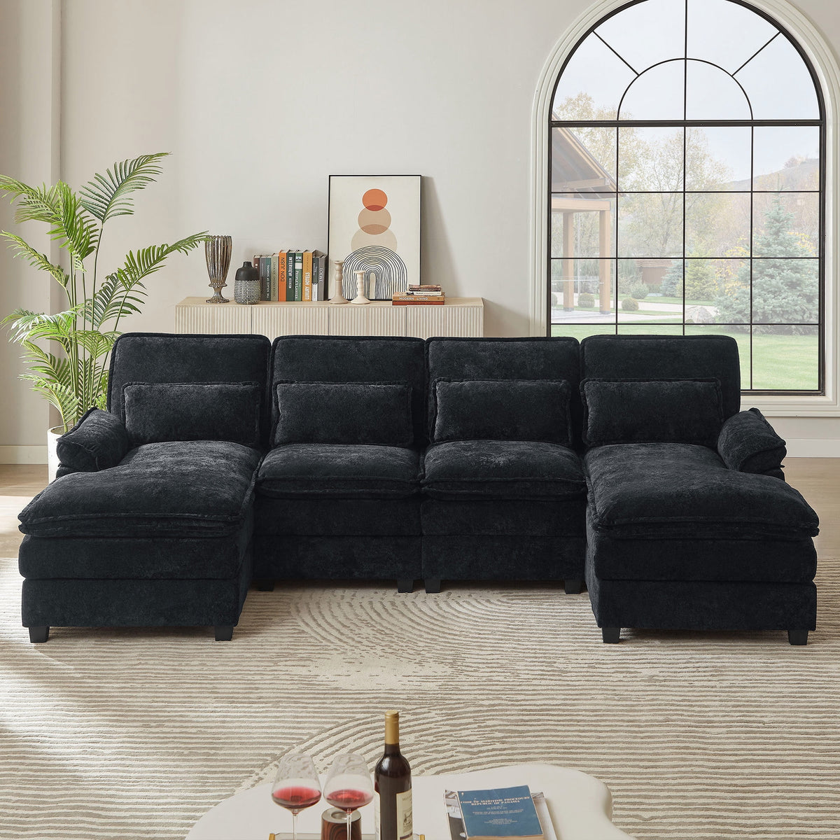  113" Sectional Sofa Oversized U Shaped Couch with Double Chaise,Cloud Couch with 4 Waist Pillows,Modern Linen Seating Furniture for Living Room Office Studio Apartment,Black