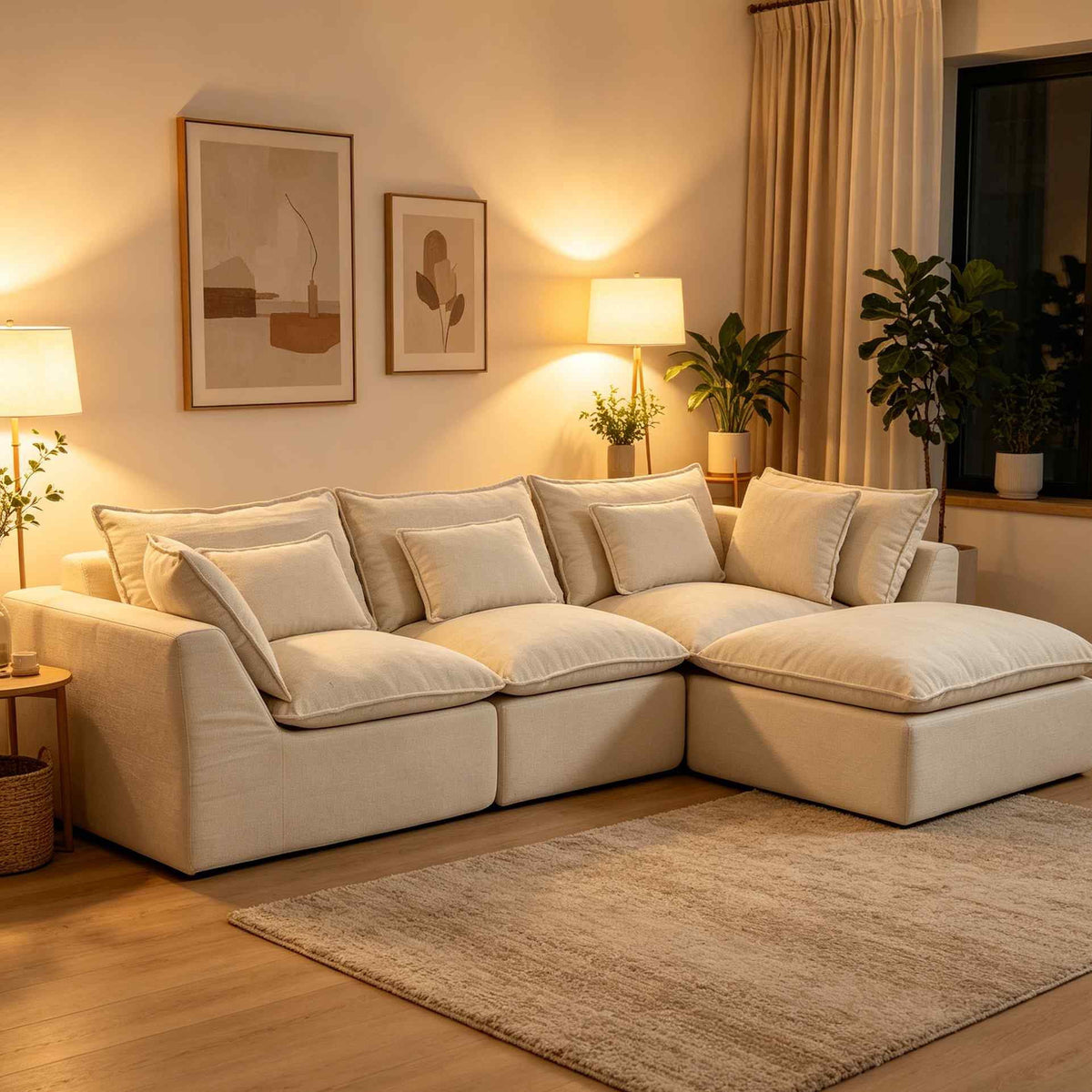 SOLIA 130" 4-Seat U-Shaped Cloud Modular Sectional Couch Linen