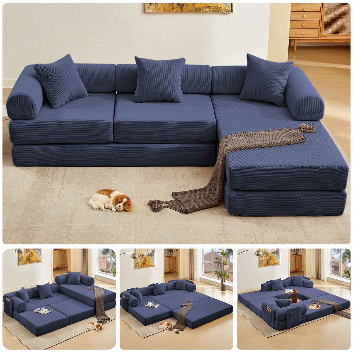 SOLIA 106" L-Shaped Sleeper Sectional Sofa Bed Corduroy