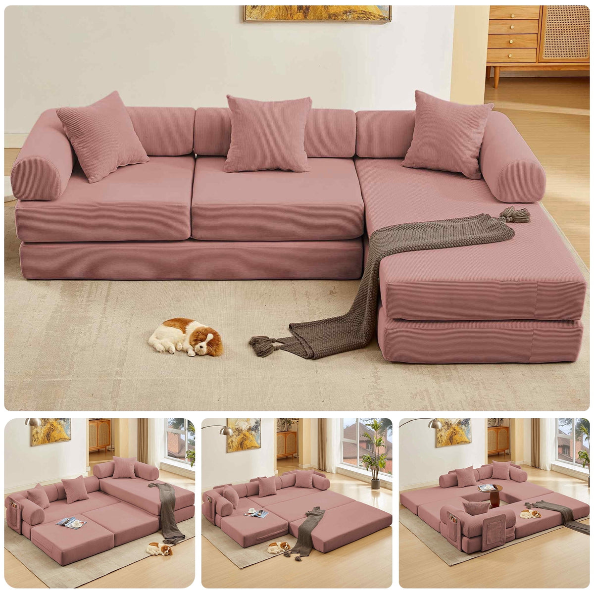 SOLIA 106" L-Shaped Sleeper Sectional Sofa Bed Corduroy