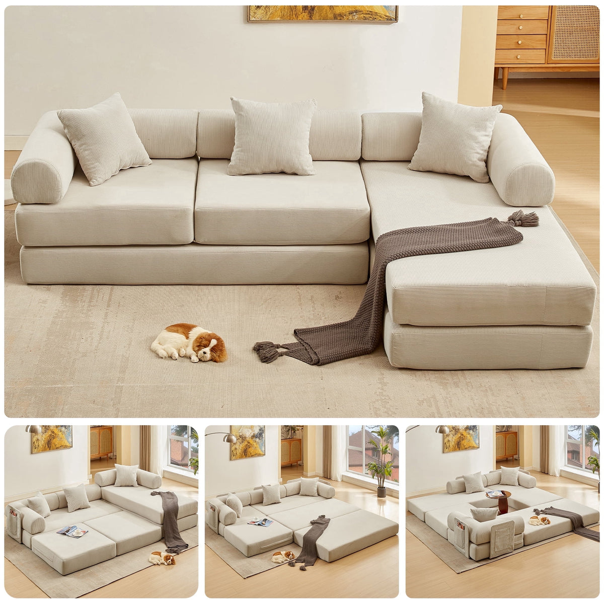 SOLIA 106" L-Shaped Sleeper Sectional Sofa Bed Corduroy
