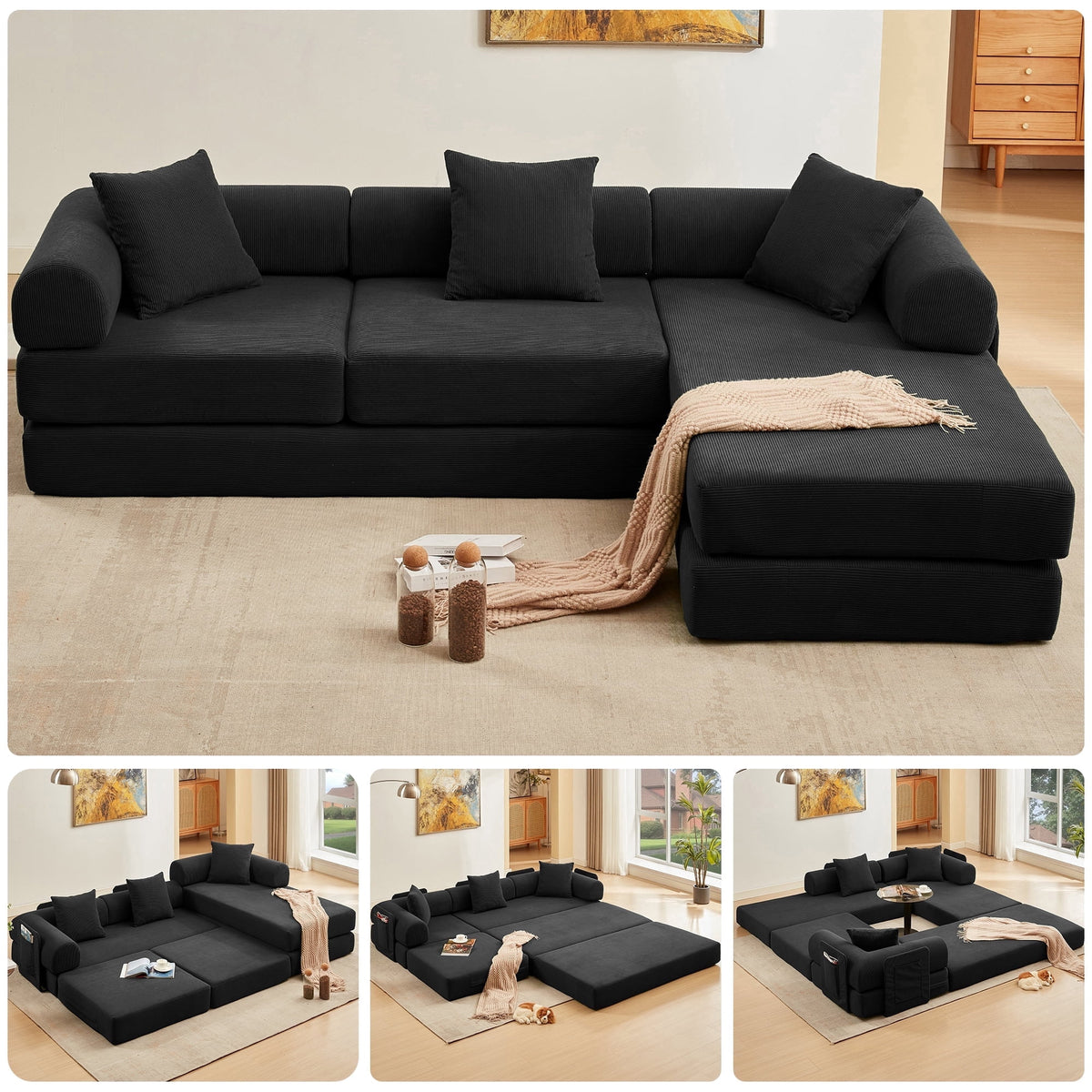 SOLIA 106" L-Shaped Sleeper Sectional Sofa Bed Corduroy