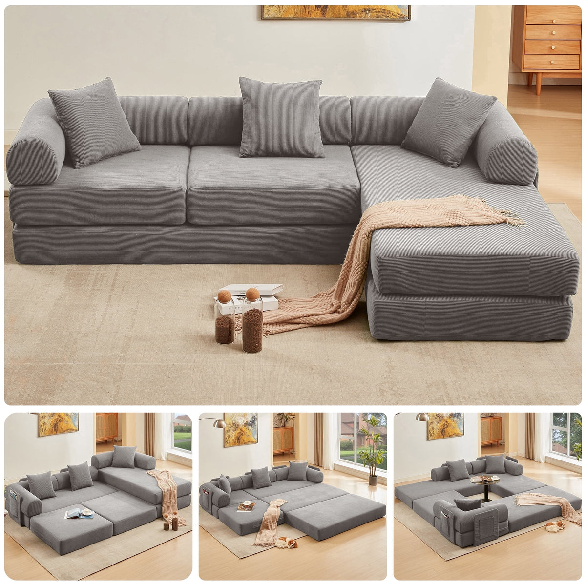 SOLIA 106" L-Shaped Sleeper Sectional Sofa Bed Corduroy