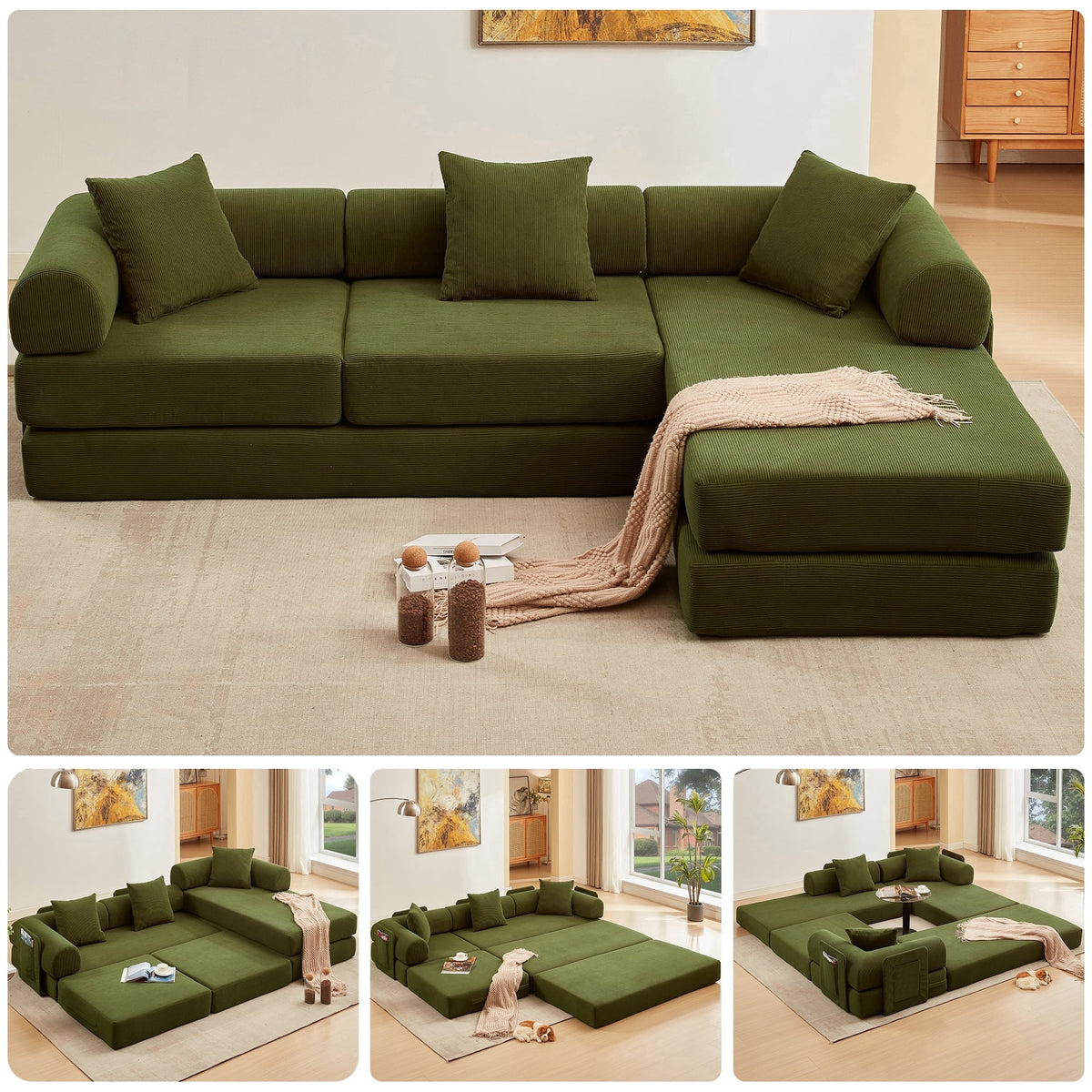 SOLIA 106" L-Shaped Sleeper Sectional Sofa Bed Corduroy