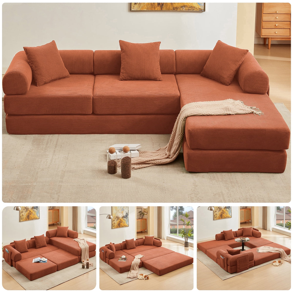 SOLIA 106" L-Shaped Sleeper Sectional Sofa Bed Corduroy