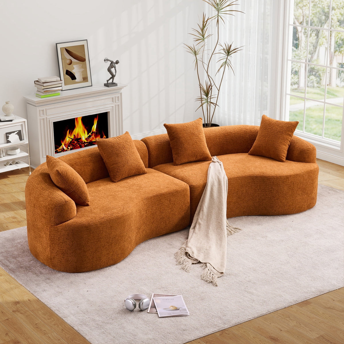 Timbernest 110" Curved Modular Sectional Sofa, 4 Seater Chenille Boneless Couch for Living Room, Playroom, Orange