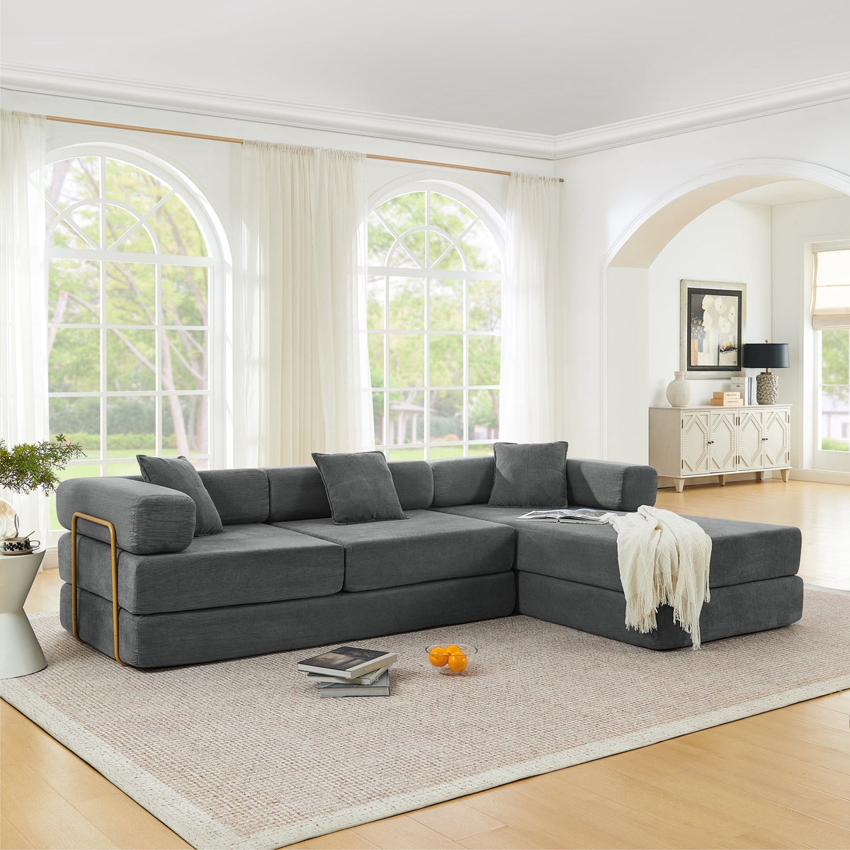 SOLIA 106" L-Shaped Sleeper Sectional Sofa Bed Corduroy