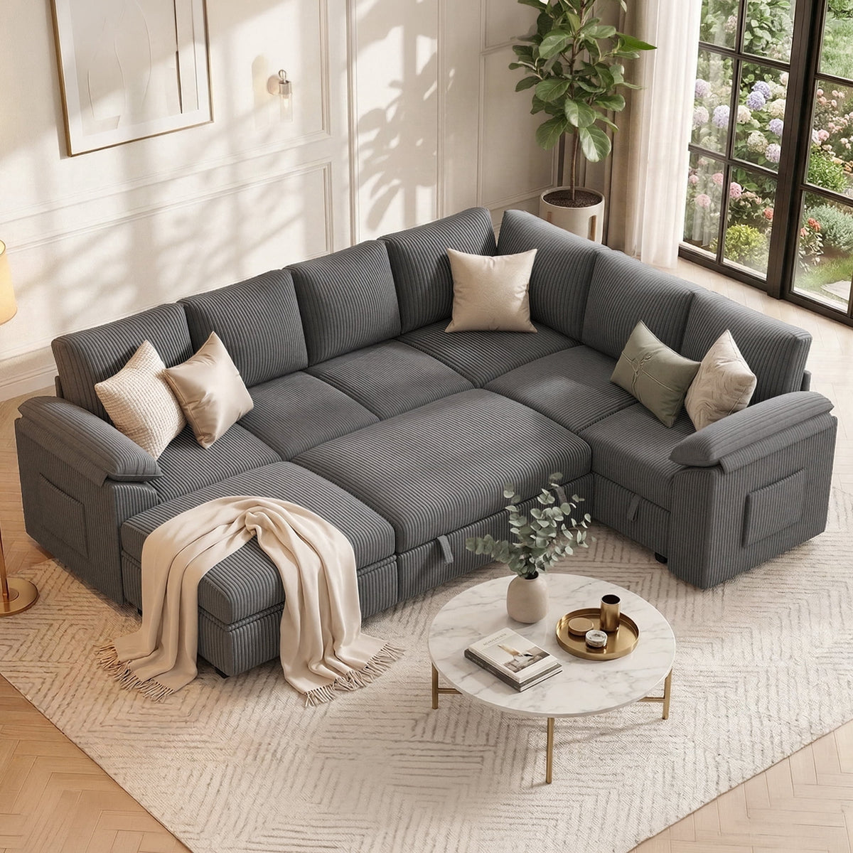 Time Ray 7 Seaters Storage Sectional Sleeper Sofa with Pull Out Bed,Modular Sectional Sofa with Storage Ottoman,Side Pocket,2 Loveseat,Plush Corduroy Sectional Couches for Living Room,Grey