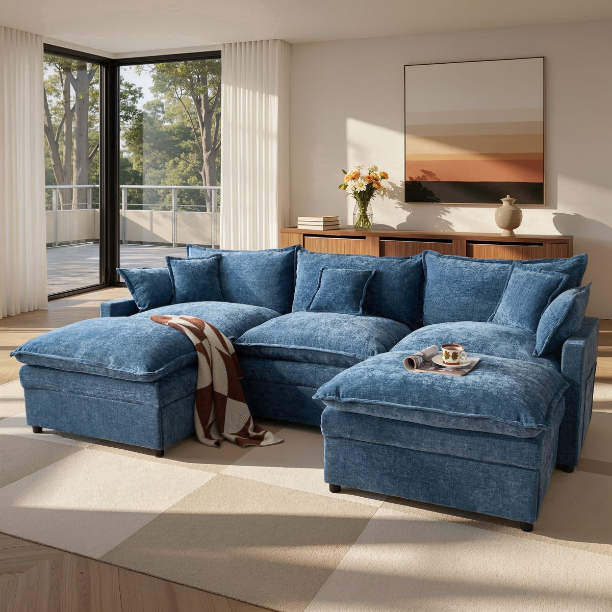 SOLIA 107.87" 4-Seat U-Shaped Cloud Modular Sectional Couch Chenille with Movable Ottoman