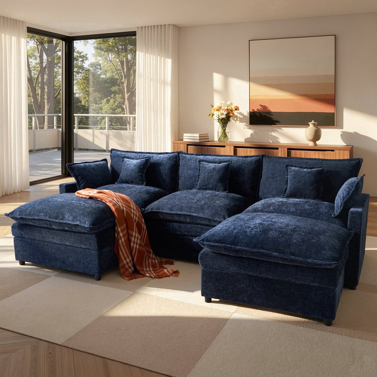 SOLIA 107.87" 4-Seat U-Shaped Cloud Modular Sectional Couch Chenille with Movable Ottoman