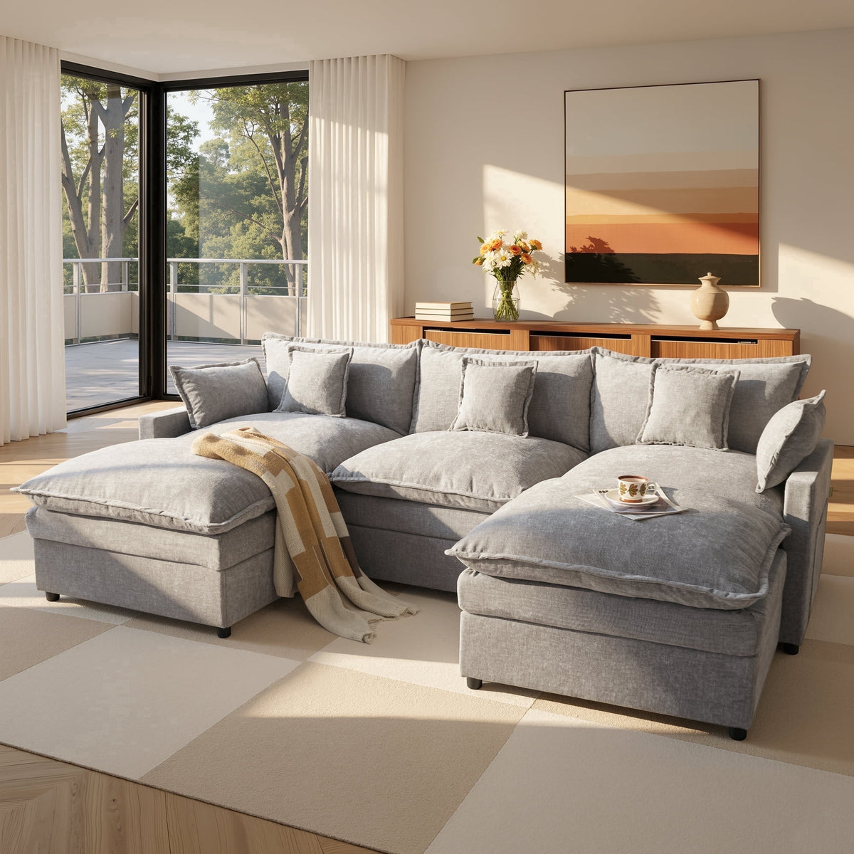 SOLIA 107.87" 4-Seat U-Shaped Cloud Modular Sectional Couch Chenille with Movable Ottoman