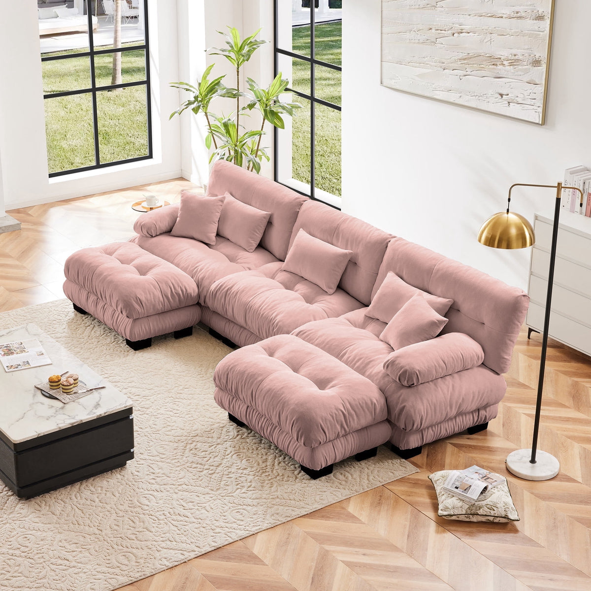 Villeston 133.8" 3-Seater Comfy Modular Sectional Sofa, U Shaped Couch with Deep Seat for Living Room(Chenille Pink)
