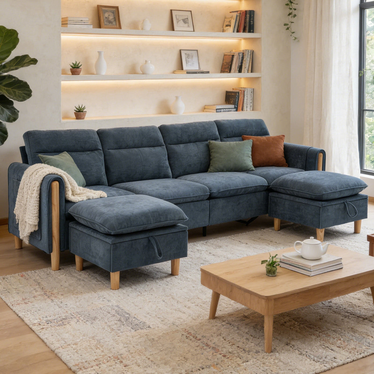 SOLIA 4-Seat U-Shaped Sleeper Sectional Sofa Bed Chenille with Storage Ottoman