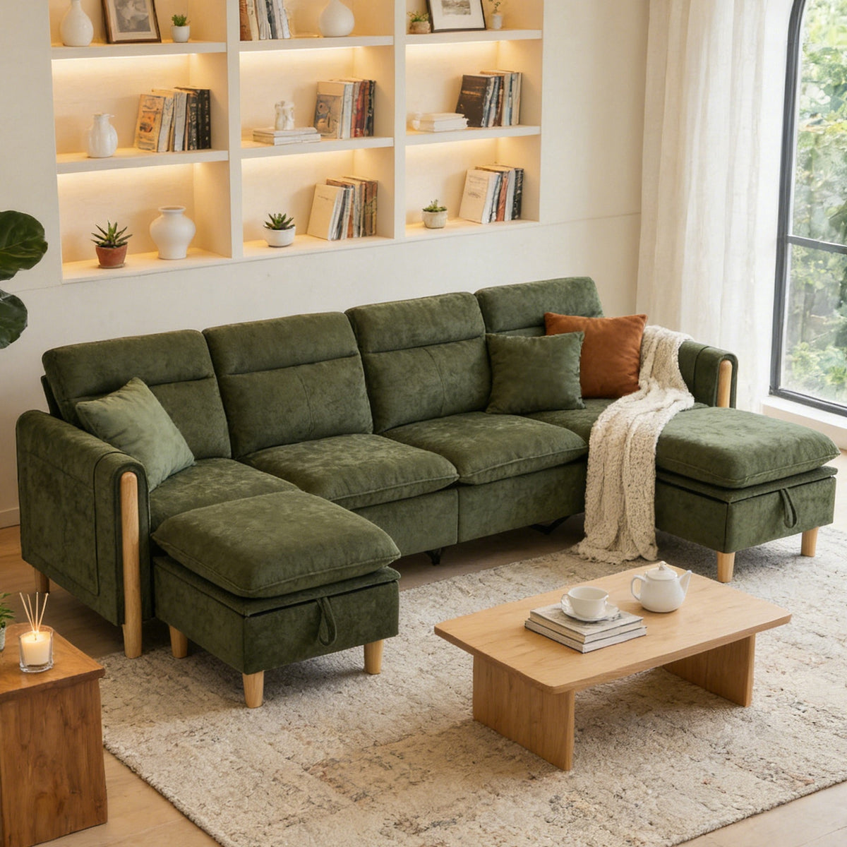 Villeston 4-Seat Sectional Sofa with 2 Ottomans,U Shaped Sofa Couch with Storage Ottomans and Side Pockets, Oversized Modern Chenille Sofa Couch for Living Room,Olive