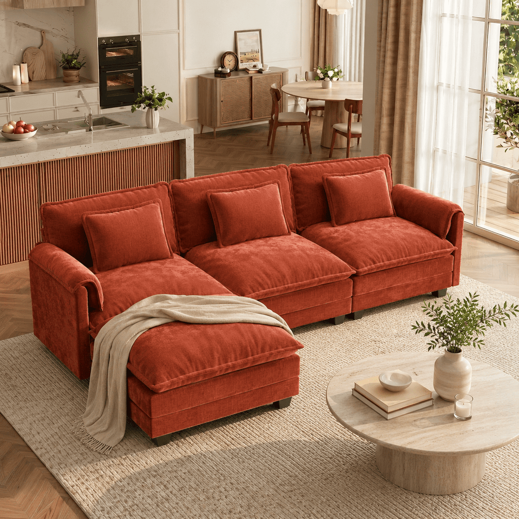 WACASA 120" Oversized Modular Sectional Sofa, 3-Seater Chenille Deep Seat Modern Sofa Couch for Living Room, Terracotta Orange