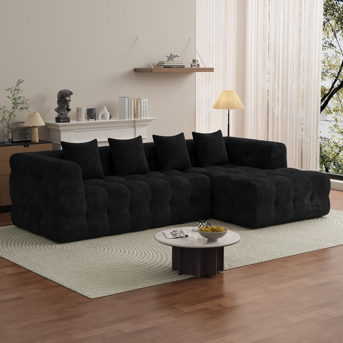 Wiilayok 120" Boneless Oversized Cloud Couch, Right Facing L-Shaped Chenille Sectional Sofa with Chaise Lounge, Deep Seat Upholstered Living Room Sofa with 4 Pillows, No Assembly, Black