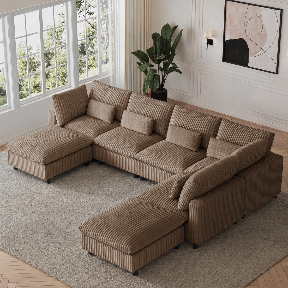SOLIA 130" 6-Seat U-Shaped Cloud Modular Sectional Couch Corduroy with Storage Ottoman & USB Charging