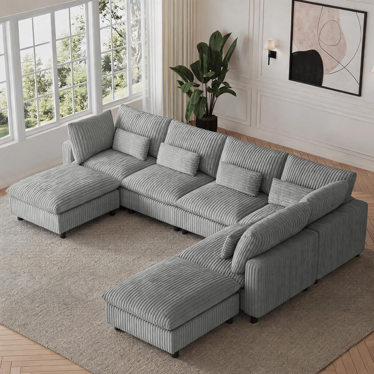 SOLIA 130" 6-Seat U-Shaped Cloud Modular Sectional Couch Corduroy with Storage Ottoman & USB Charging