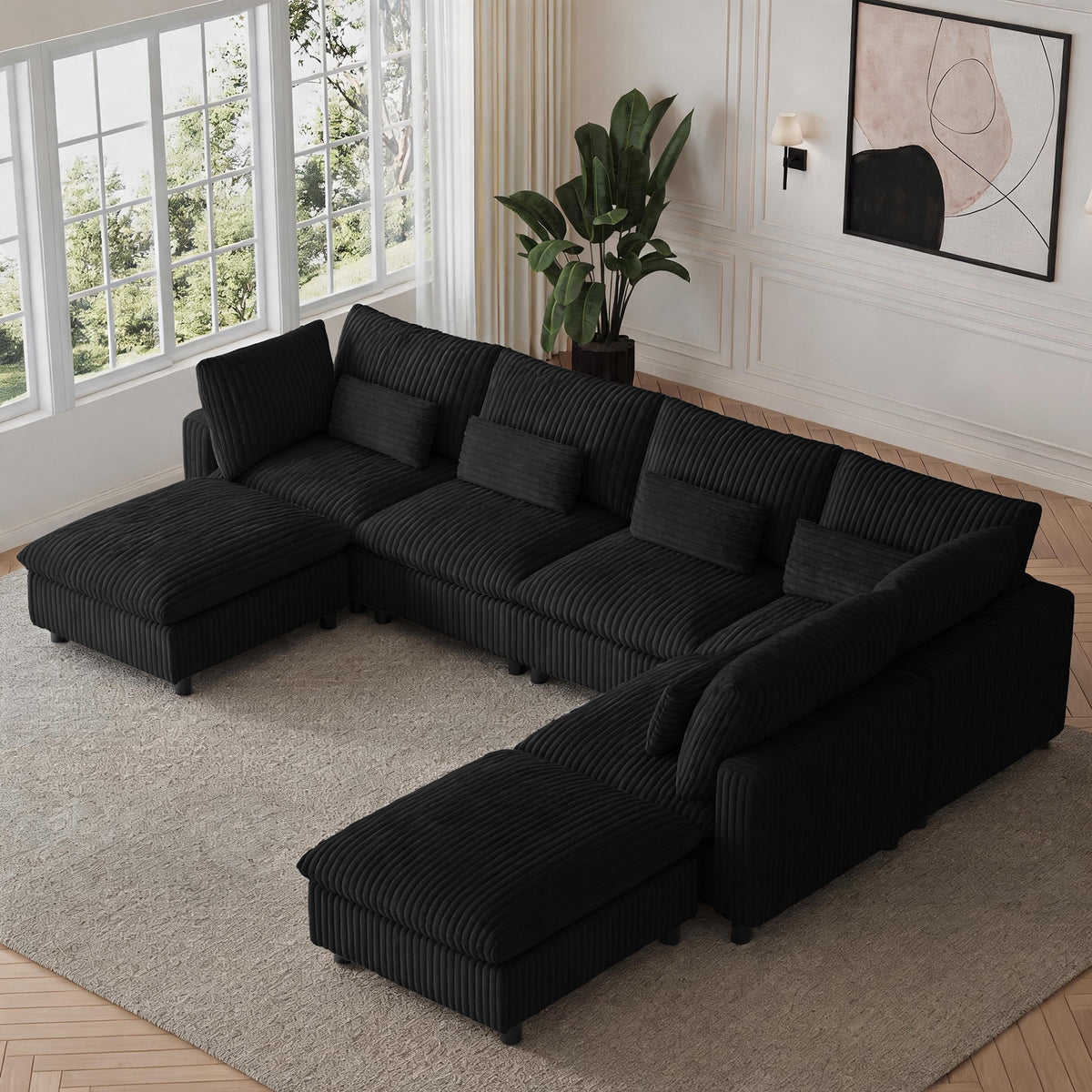 SOLIA 130" 6-Seat U-Shaped Cloud Modular Sectional Couch Corduroy with Storage Ottoman & USB Charging